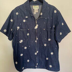 VTG Quacker Factory Large Denim Shirt Daisy Embroidery Y2K Boho Cottage T12